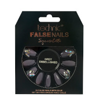 Technic False Nails - Squareletto, Grey Embellished (6pcs) (29140) (£1.85/each) T/Nail-12